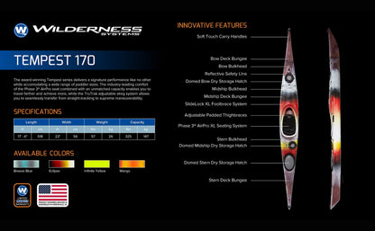 Wilderness Systems Tempest 170 | Sit Inside Touring Kayak | Adjustable Skeg - Phase 3 Air Pro Seating | 17' | Breeze Blue