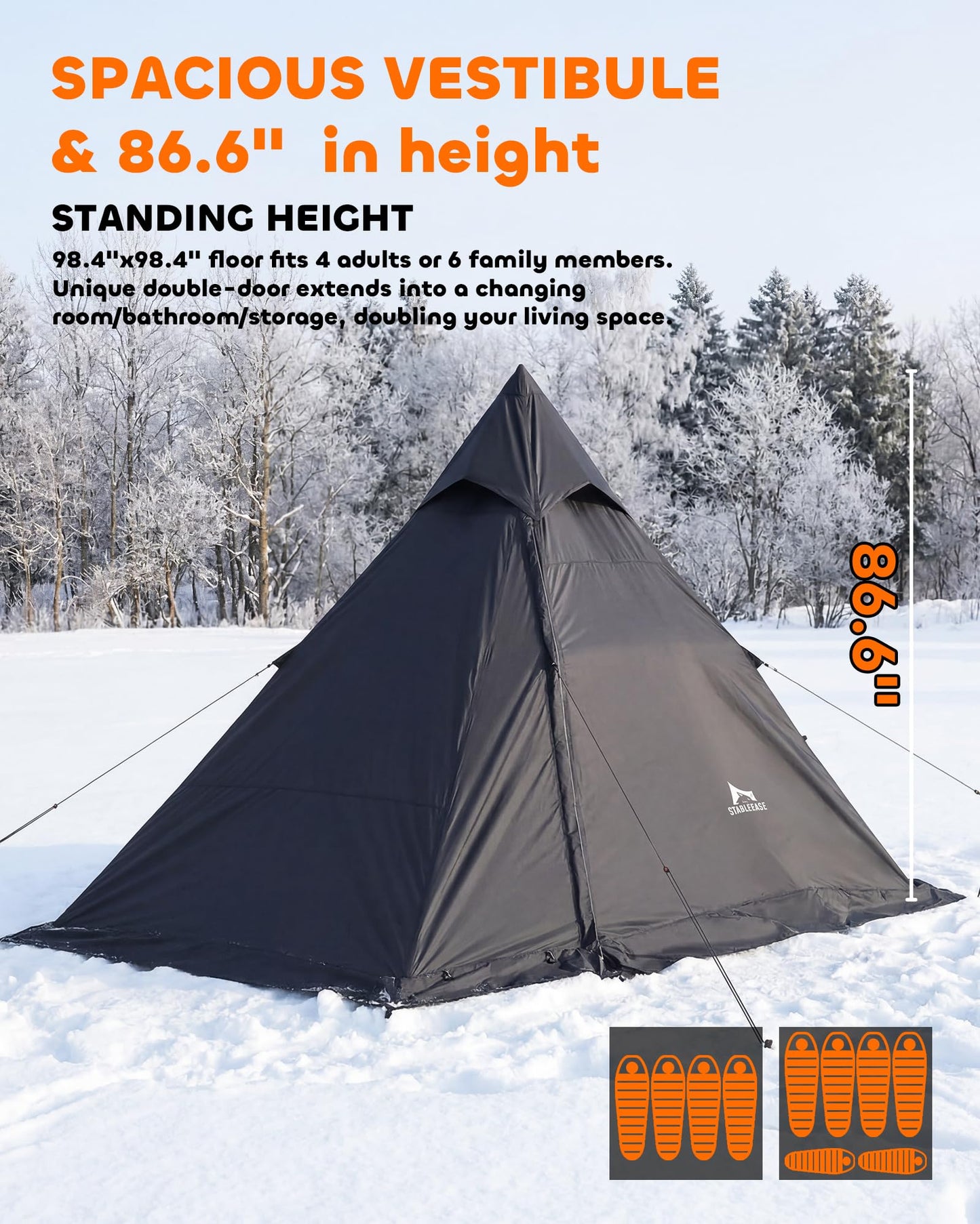Teepee Camping Tent, 4-6 Person with Snow Skirt, Quick Setup 4 Season Double Layer Waterproof Anti-UV Windproof, for Family Outdoor, Hunting, Backpacking & Hiking, Heavy Duty All-Weather Shelter