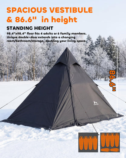 Teepee Camping Tent, 4-6 Person with Snow Skirt, Quick Setup 4 Season Double Layer Waterproof Anti-UV Windproof, for Family Outdoor, Hunting, Backpacking & Hiking, Heavy Duty All-Weather Shelter