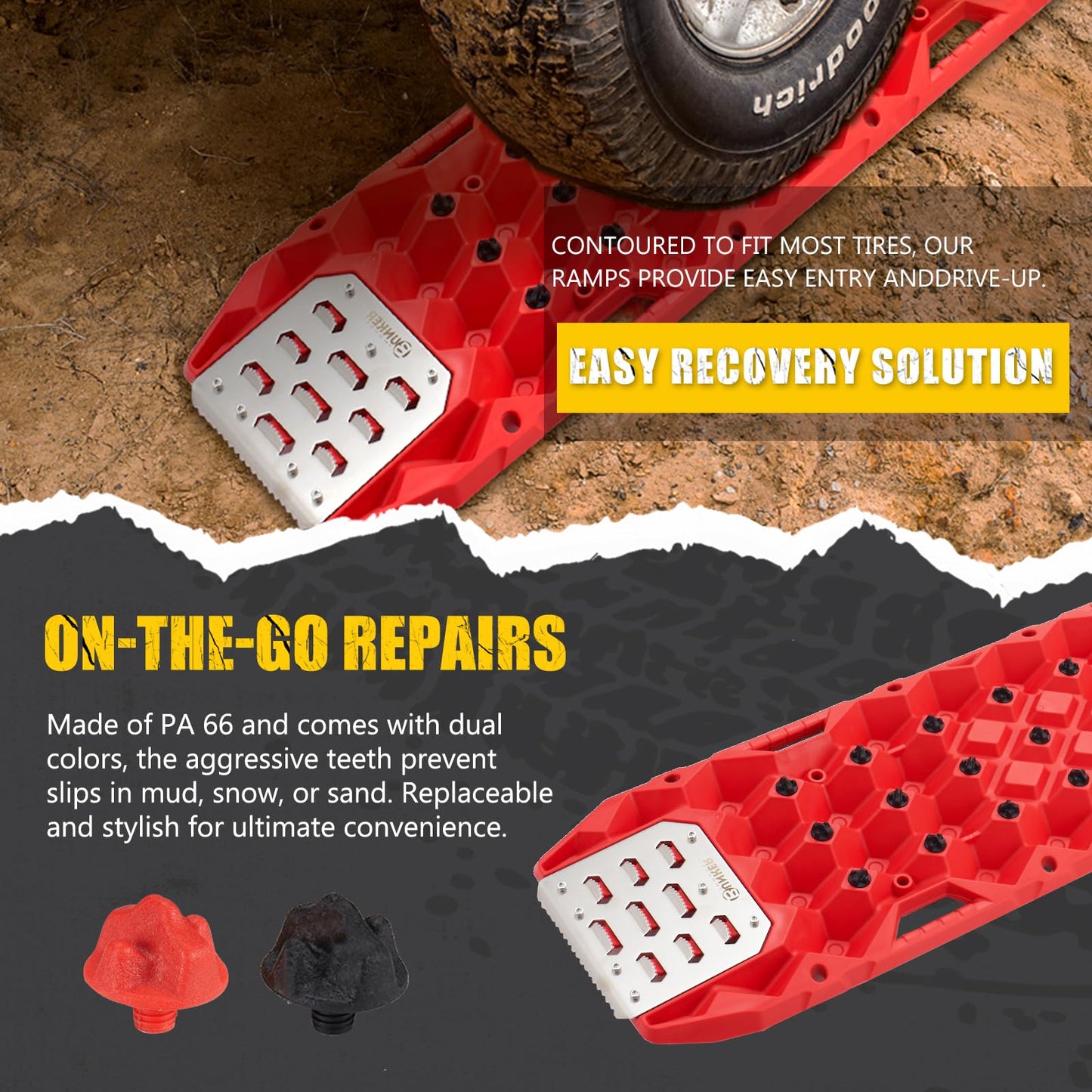 BUNKER INDUST Offroad Traction Board with Jack Base,Pair 47.24"L x 14"W Recovery Track Tire Traction Mat -Red Sand,Mud,Snow Ramps (Replaceable Dual Colors Teeth/Rugged Steel Plate) Gen 11th