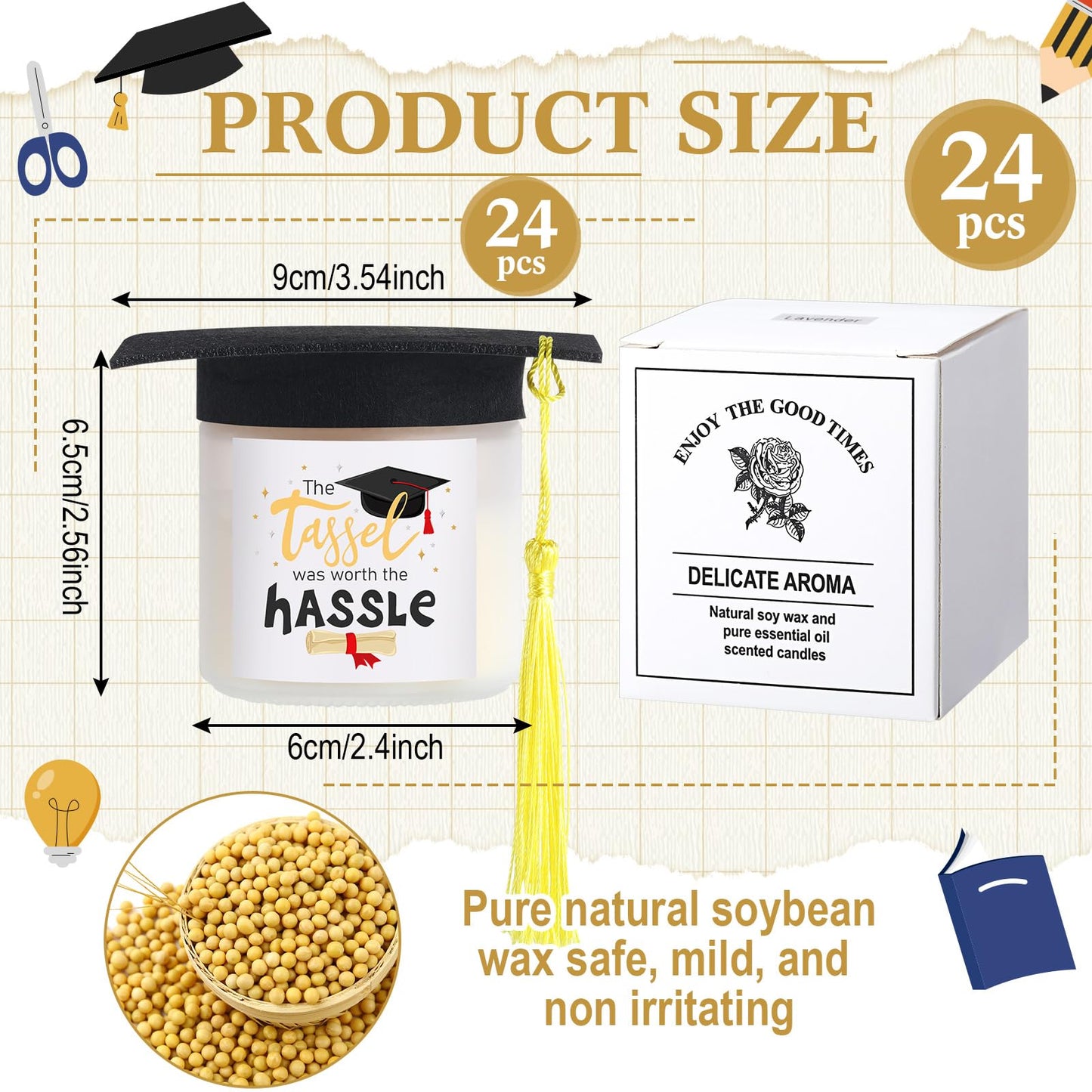 Conelist 48Pcs Graduation Scented Candles Gifts Set for Her Him Include 24 Pcs 7oz Jar Soy Wax Candles and 24 Pcs Mini Graduation Cap for Masters Degree College High School Graduate Gifts