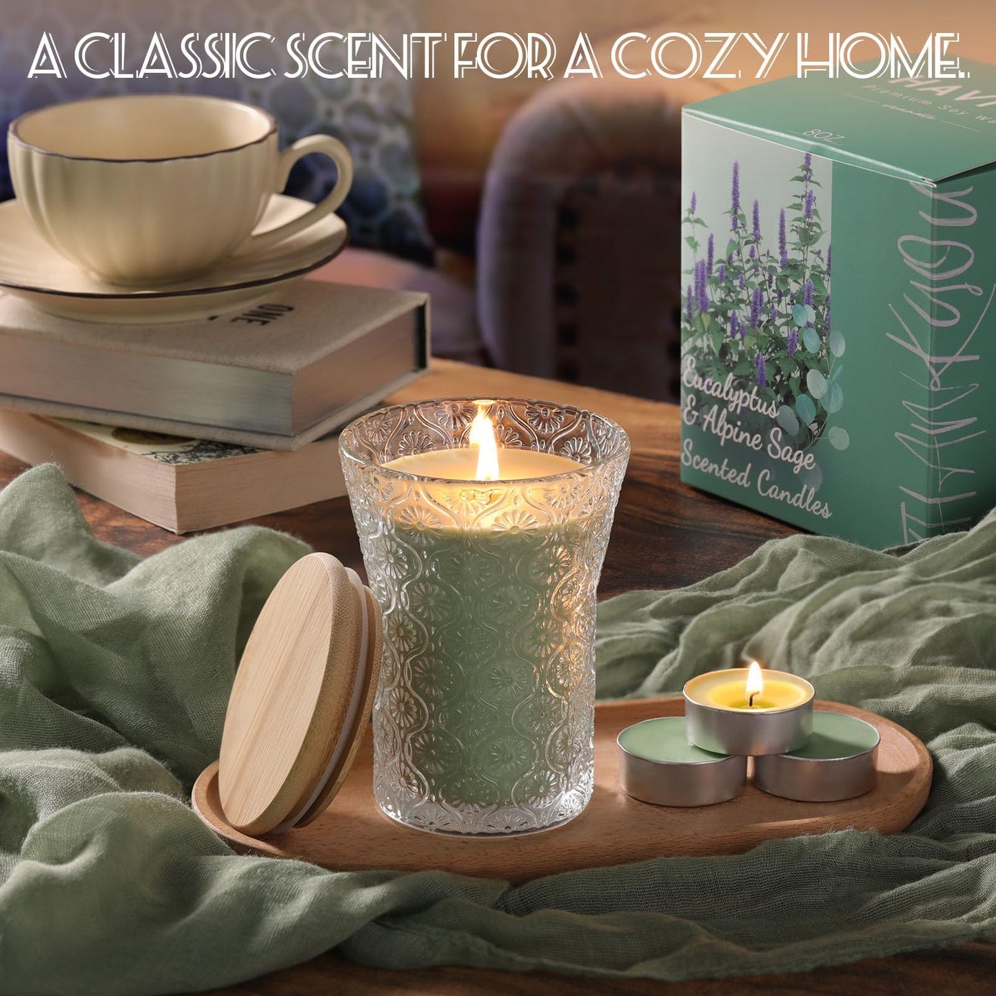 HAVITI Eucalyptus & Alpine Sage Scented Candle, Galentines Valentines Mother's Day Soy Jar Candles Gift Men Women,8 OZ Aromatherapy Luxury Candles for Home Decor