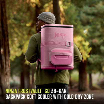 Ninja FrostVault Go Backpack Soft Cooler with Cold Dry Zone Storage, Ergonomic Backpack Straps for Lightweight Carrying, Premium Heavy Duty Insulated Cooler, Keeps Ice for Hours, Petal Pink, FF136PK