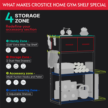 Crostice Home Gym Storage Shelf Stand Only, Adjustable Weight Rack for Dumbbells Plus Extra Upper Drawer, for Weight, Mat and Workout Equipment, Large Capacity Gym Organizer with 4-Tier, Easy-assembly