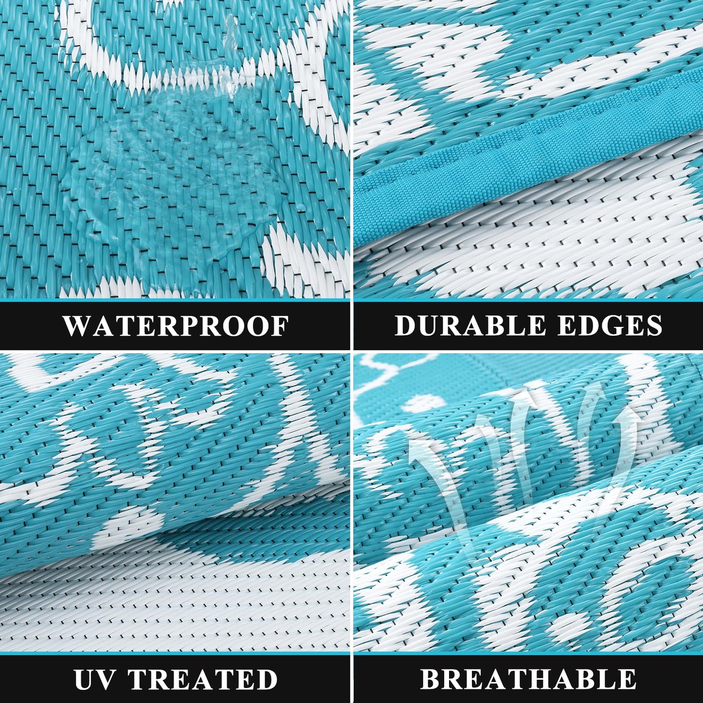 Pauwer Waterproof Outdoor Rug 10x14, Reversible Plastic Straw Patio Camping Rug, Indoor Outdoor RV Mat Carpet for Deck, Camper, Porch, Balcony, Backyard, Picnic, Boho Teal