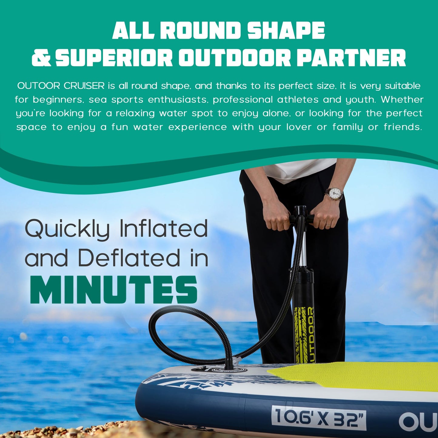 Outdoor Crusier Inflatable Stand Up Paddle Board, Ultra Portable & Lightweight, Wide Stable Non-Slip Design, Complete SUP Accessories, Drop-Stitch Material