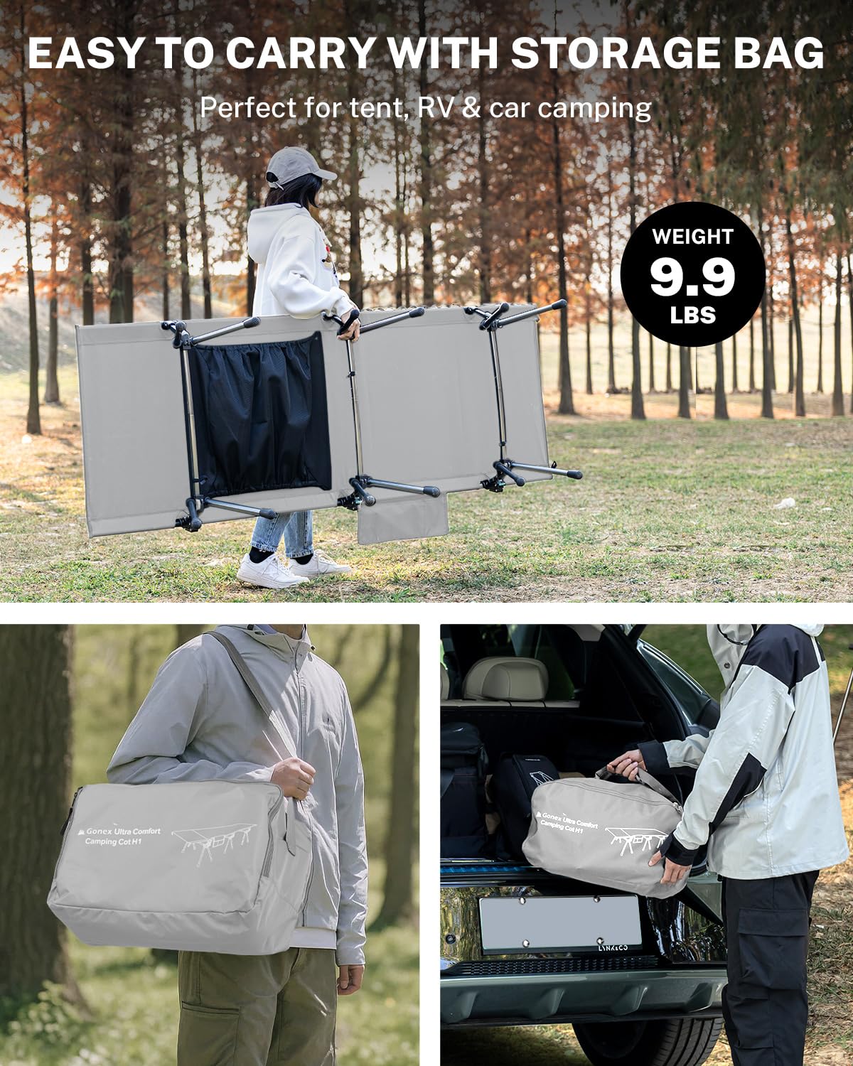 Gonex 31.5" Extra Wide Camping Cot with Leg Extenders 2 in 1 Portable Folding Cot for Adults Height Adjustable Supports 350lbs Sleeping Bed for Backpacking Travel Beach Home (Grey)