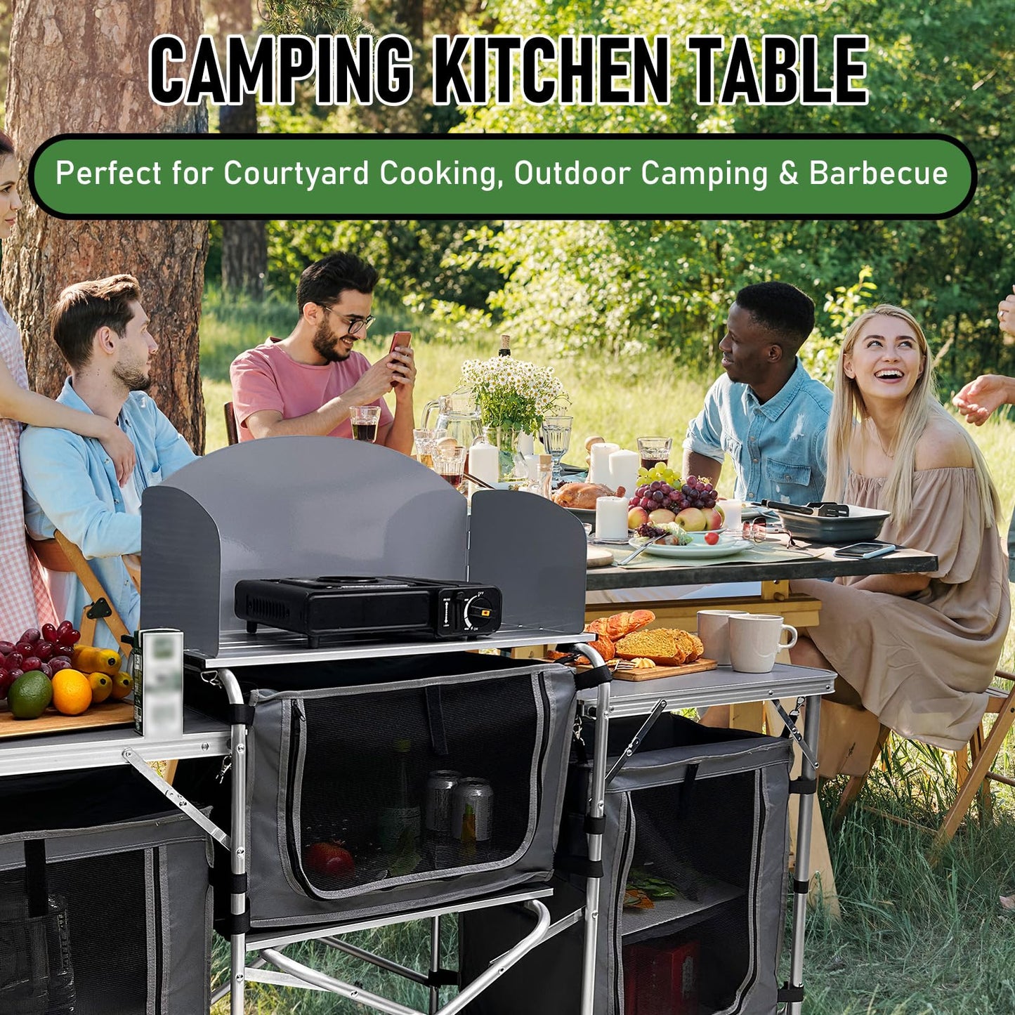 CAMP SOLUTIONS Camping Kitchen Table, Portable Folding Aluminum Cooking Table with 3 Storage Cupboards and Carrying Bags, Outdoor Cooking Station for Beach BBQ RV Traveling Camping Party (Grey)