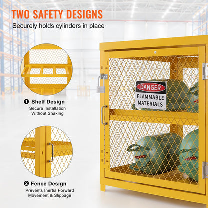VEVOR Horizontal Cylinder Storage Cabinet, 4 x 33 lbs Cylinder Capacity, 31.02x30.04x35 inch Propane Storage Cage, Gas Cylinder Cabinet, Yellow Powder Coat Finish, for Freon, Gases, Oxygen, Nitrogen