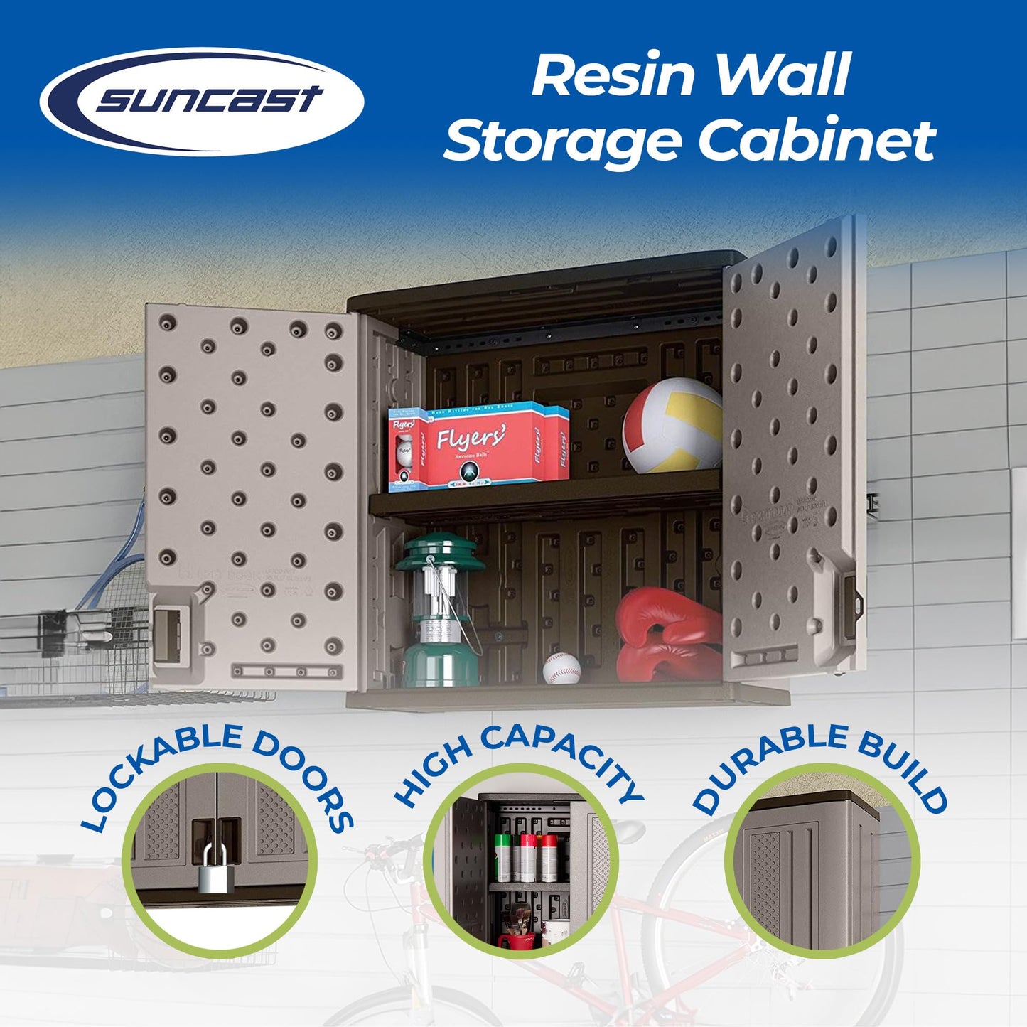 Suncast Wall Storage Cabinet for Garage Organization - 4 Cu. Ft. Wall Mounted Garage Cabinet with Shelf for Garden Supplies, Paint Cans & Outdoor Tools, Multi-Wall Resin Construction, Platinum