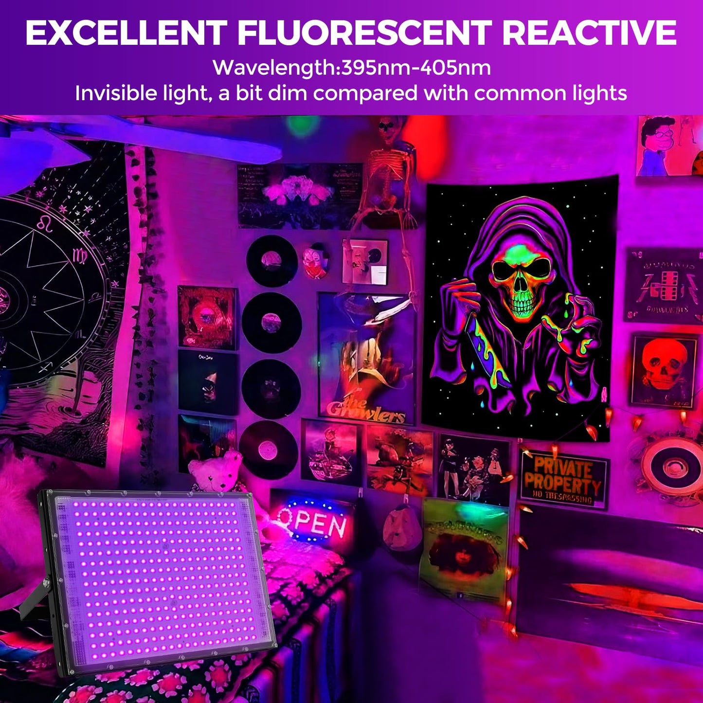 Waygor 300W LED Black Lights for Glow Party, Black Light Flood Light IP65 Waterproof 395nm UV Blacklight Floodlight Purple Black Light Spotlight Fluorescent UV Light Lamp for Halloween Decor (4 Pack)