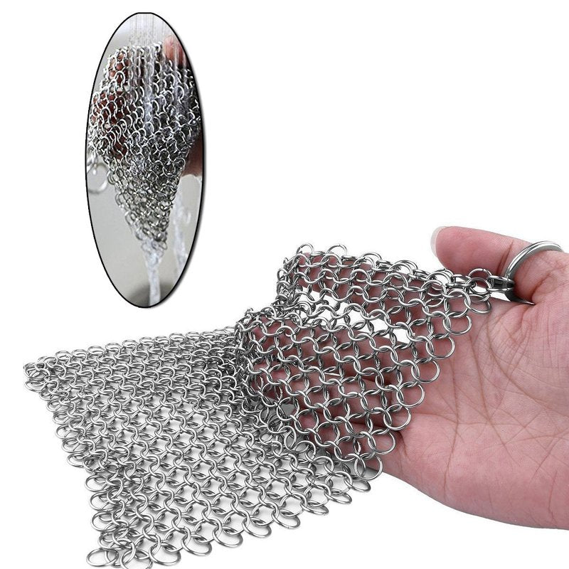 TOPULORS Cast Iron Scrubber 316 Stainless Steel Skillet Cleaner 8"x6" Chainmail Scrubber Scraper Chain Mail Link Scrub for Cast Iron Pre-Seasoned Pans, Griddles, BBQ Grills, and Pot Cookware Cleaning