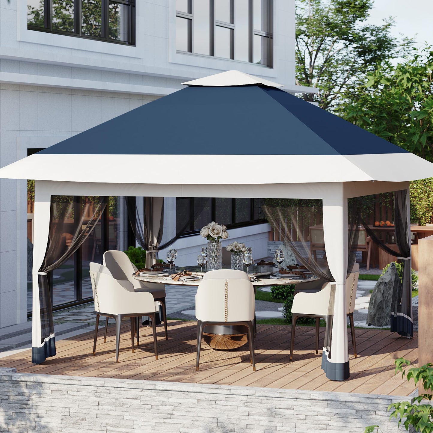 12x12ft Patio Gazebo, Outdoor Canopy with Mesh Walls, Pop Up Gazebo Tent with 4 Ropes 8 Stakes & Portable Carrying Bag, Double Roof, Easy Up Pavilion for Outside Garden, Backyard, Lawn