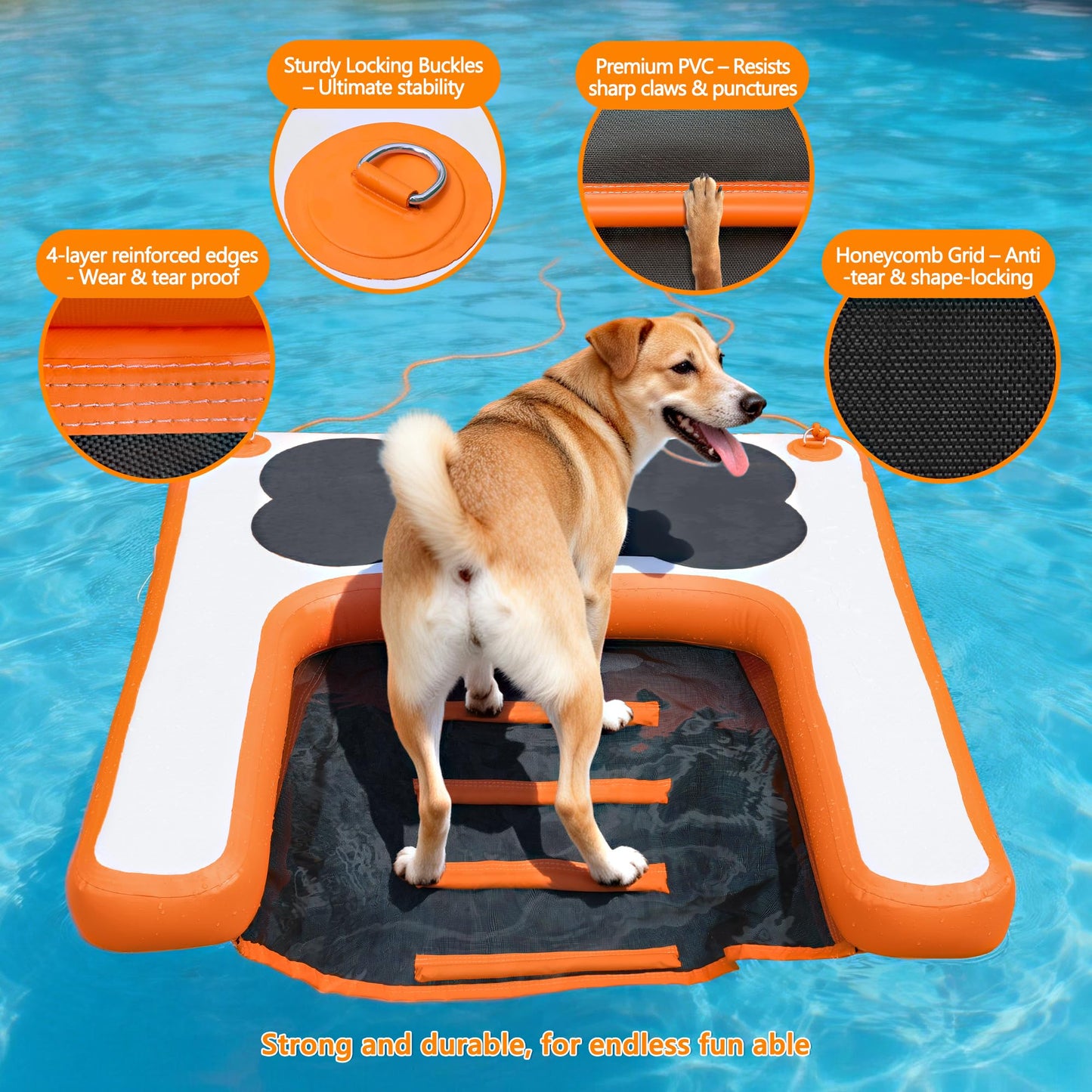 VOFiTNY Dog Boat Ramp Dock for Pool Inflatable Puppy Water Raft Plank Portable Pup Mat Floating Doggy Floats Ladder Play Bright Orange up to 240lbs