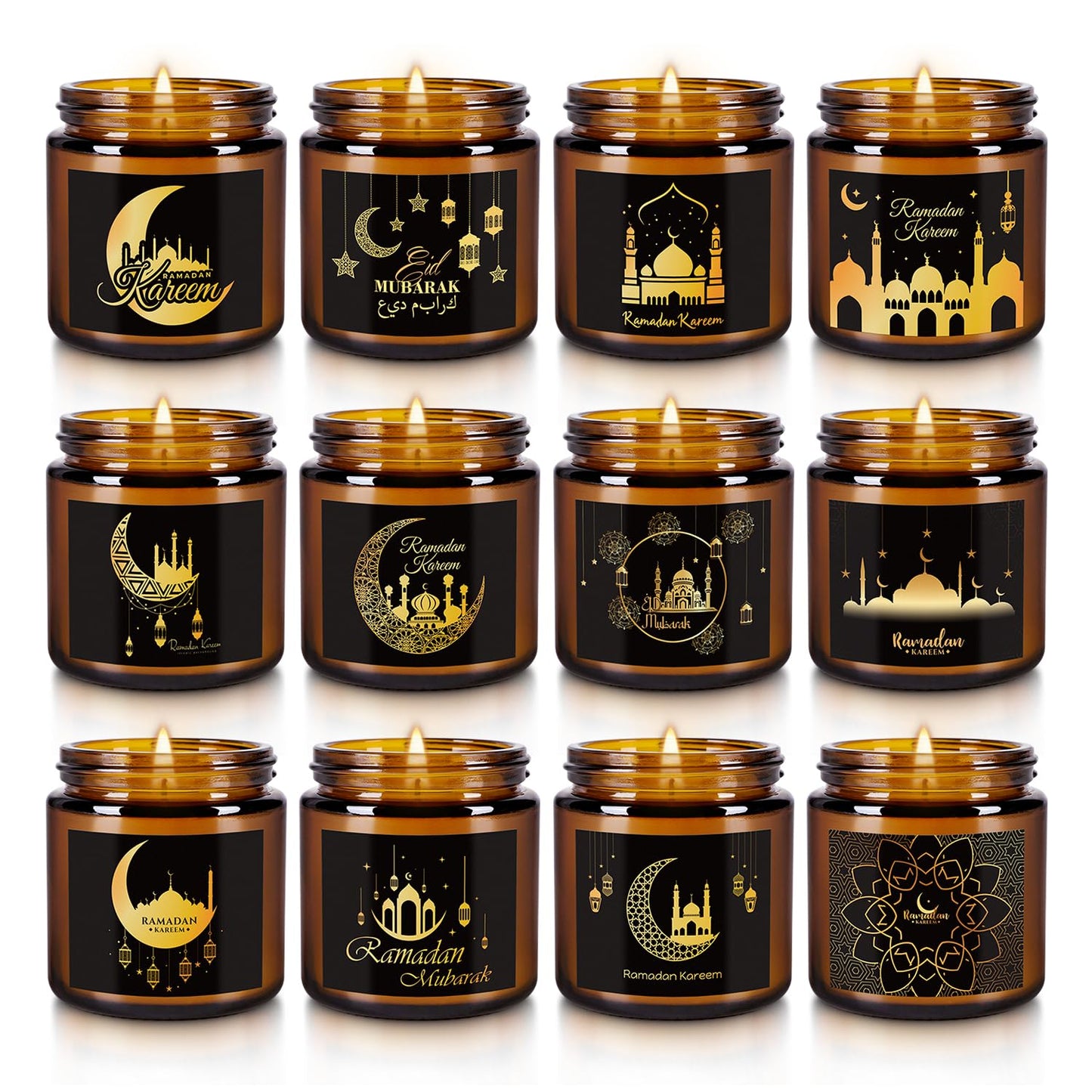 12pack Ramadan Scented Candles 3.5oz Soy Wax，Muslim Islamic Party Favors Gifts Glass Jar Candles for Home Happy Eid Festival Decor(Brown,Pattern)