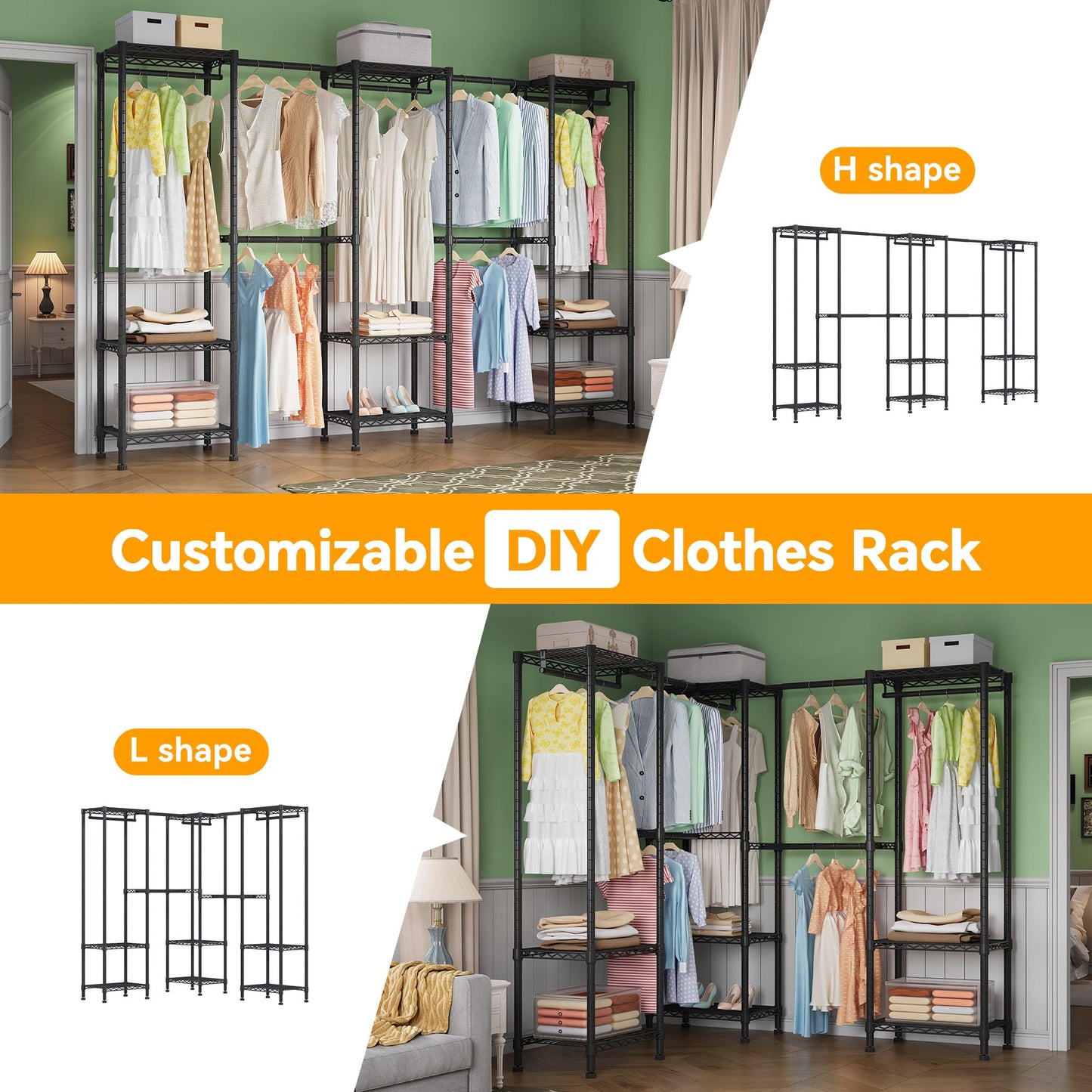 Higeego H11 Large Clothing Rack for Hanging Clothes Heavy Duty Garment Rack, Freestanding Wardrobe Closet Organizer and Storage with Expandable Hanger Rods, Extendable from 7.8 to 10.8 ft, Black