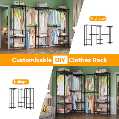 Higeego H11 Large Clothing Rack for Hanging Clothes Heavy Duty Garment Rack, Freestanding Wardrobe Closet Organizer and Storage with Expandable Hanger Rods, Extendable from 7.8 to 10.8 ft, Black