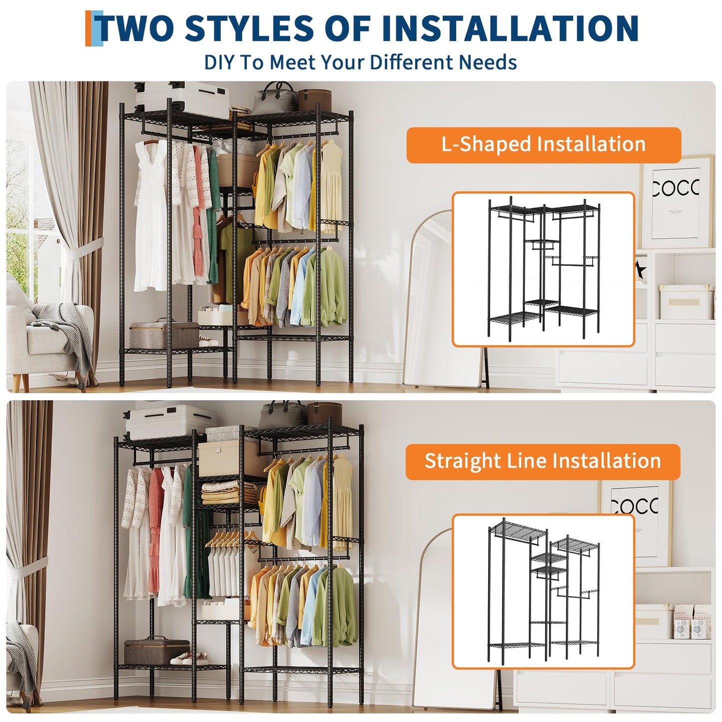 IDEALHOUSE Heavy Duty Clothes Rack for Hanging Clothes, Load 1000LBS Portable Closet Wardrobe with Shelves, Freestanding Adjustable Garment Rack for Bedroom, Walk-in Closet, 73.6"x 17.3"x 76.4", Black
