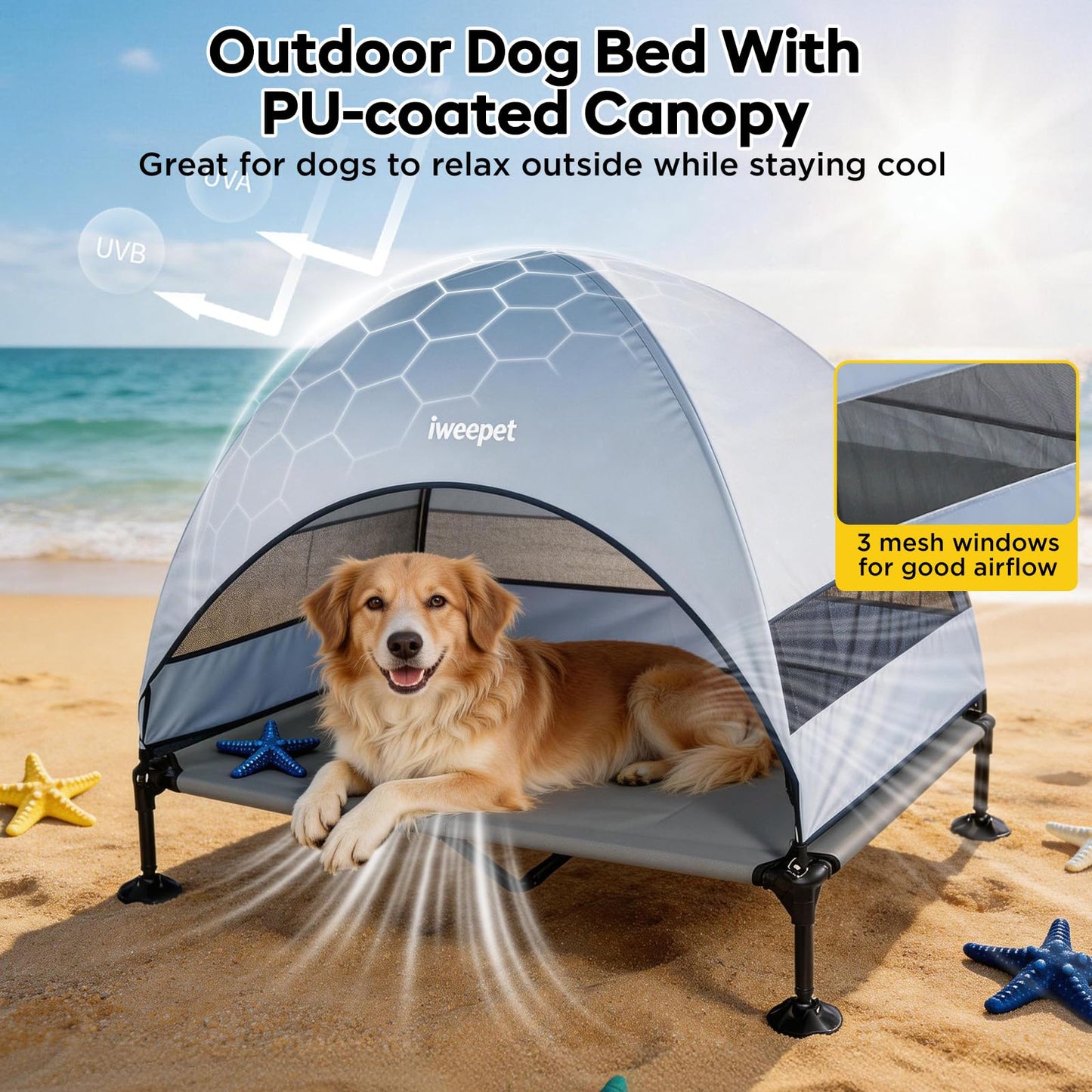 iweepet 4 in 1Elevated Dog Cot with Removable Canopy & Bolster Pillows for Extra Large Dog,Cooling Raised Outdoor Dog Bed with Breathable Teslin Mesh,Carry Bag for Camping,Patio, Backyard, 52''
