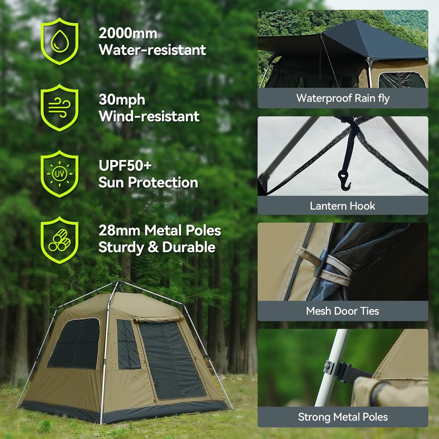 Instant Pop-Up Camping Tent with Removable Sunshade - 3-4 Person Dome Tent with UV Protection & Ventilation, Waterproof Windproof for Beach, Hiking, Outdoor. (Olive)