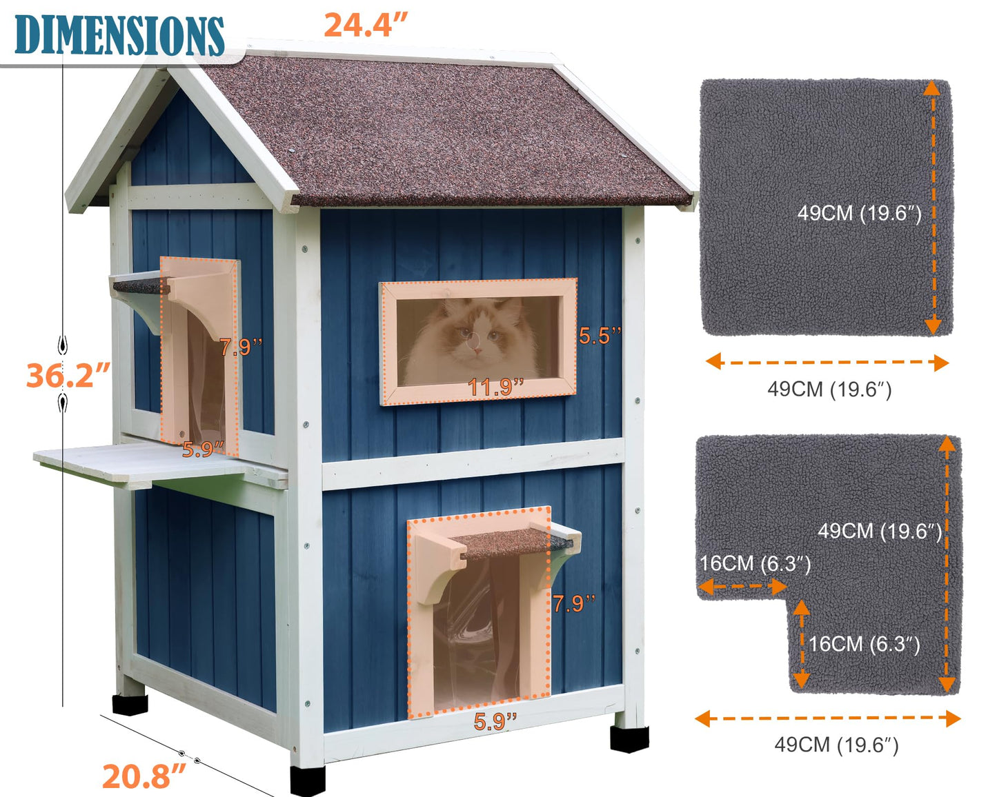 Rockever Outdoor Cat House, 2 Story Outdoor Houses for Feral Cats Wooden Outside Cat Shelter Weatherproof with Escape Door
