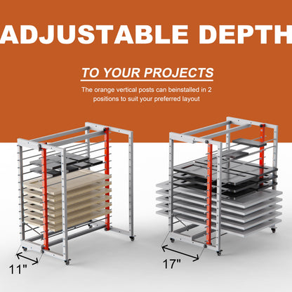 Sytekor Drying Painting Rack for Cabinet Doors – 13-Tier Metal Panel Stand with Locking Wheels and Adjustable Depth