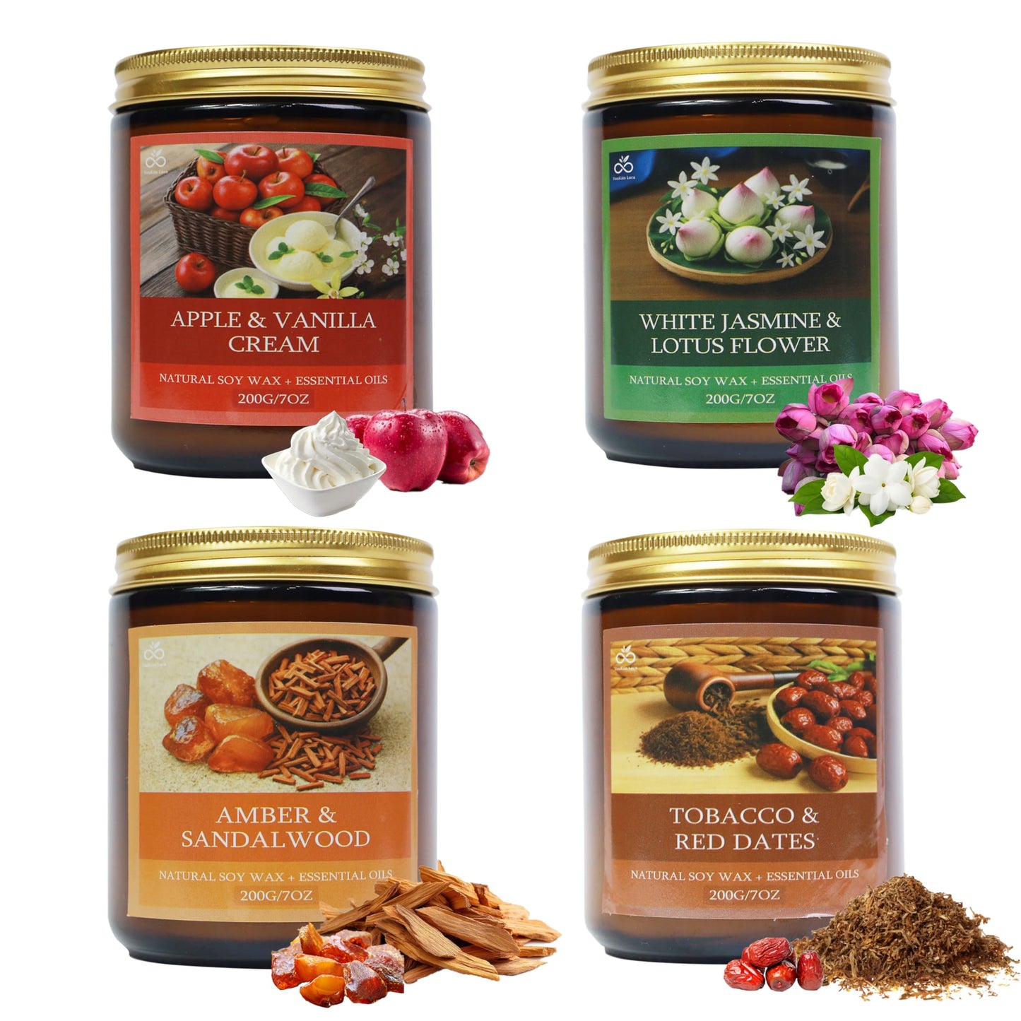 Soy Candles for Home Scented, 4-Pack Gift Set with Amber Sandalwood and Apple Vanilla, 50 Hour Long Burn Cotton Wick Aromatherapy Candles, YuuKiin Luca Gifts for Women Mom Birthday Christmas