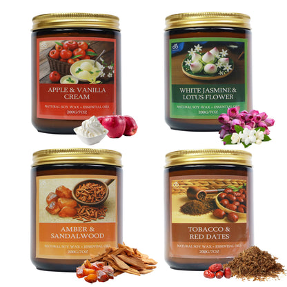 Soy Candles for Home Scented, 4-Pack Gift Set with Amber Sandalwood and Apple Vanilla, 50 Hour Long Burn Cotton Wick Aromatherapy Candles, YuuKiin Luca Gifts for Women Mom Birthday Christmas