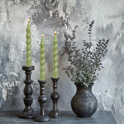 Smokeless Green Short Spiral Twisted Taper Candle，7.5 Inches Dripless Candlesticks 2 Pack Unscented Stable Flameg Candle for Home Decor Weddings & Holiday
