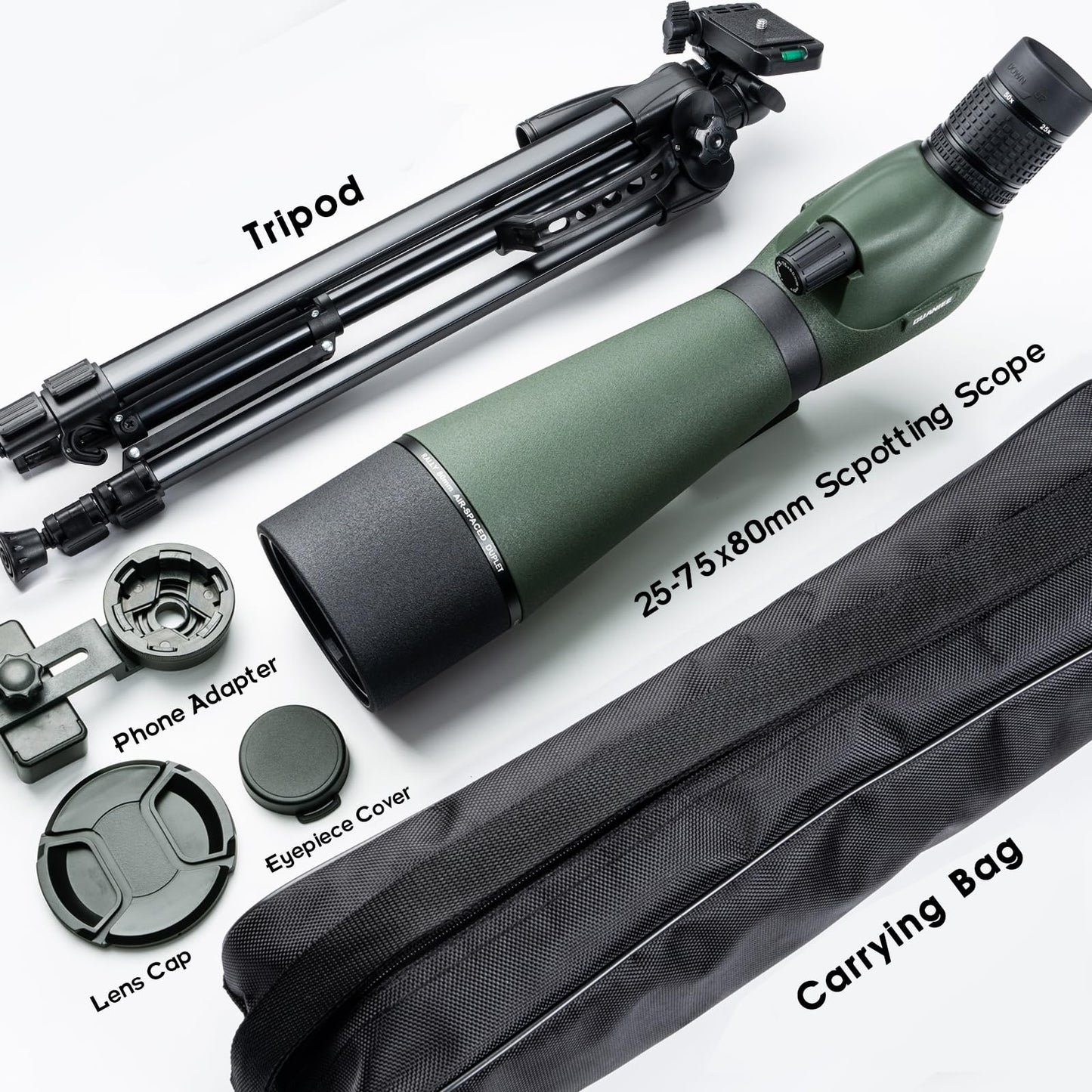 25-75x80 Spotting Scope with Full Size Tripod Carrying Bag and Phone Adapter Spotter Scope for Target Shooting for Bird Watching Wildlife Viewing Green