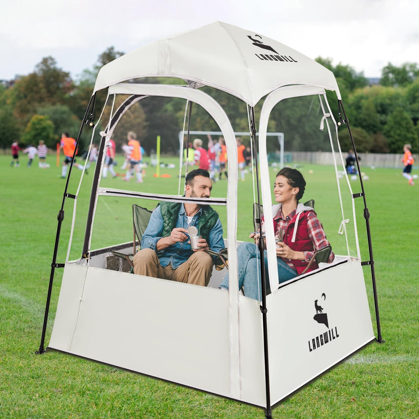 LANGWILL Pod All Weather Sports Tent, Outdoor Pop Up Bubble Clear 540° View Winter Tent for 1-2 Person, Instant Cold Weather Shelter with Rainfly for Soccer, Football, Softball & Other Sports Events