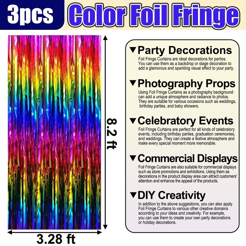 3 Pack Rainbow Foil Fringe Curtain Backdrop, 3.28Ft x 8.2Ft Metallic Tinsel Foil Fringe Streamer Curtains for Photo Booth, Christmas Day, Thanksgiving, Wedding, New Year Party Decorations