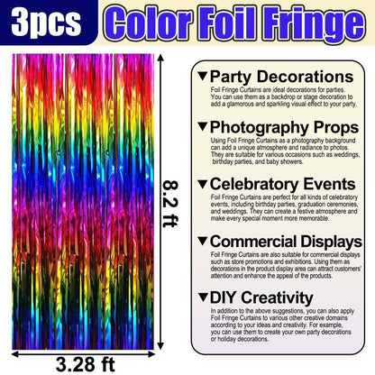 3 Pack Rainbow Foil Fringe Curtain Backdrop, 3.28Ft x 8.2Ft Metallic Tinsel Foil Fringe Streamer Curtains for Photo Booth, Christmas Day, Thanksgiving, Wedding, New Year Party Decorations