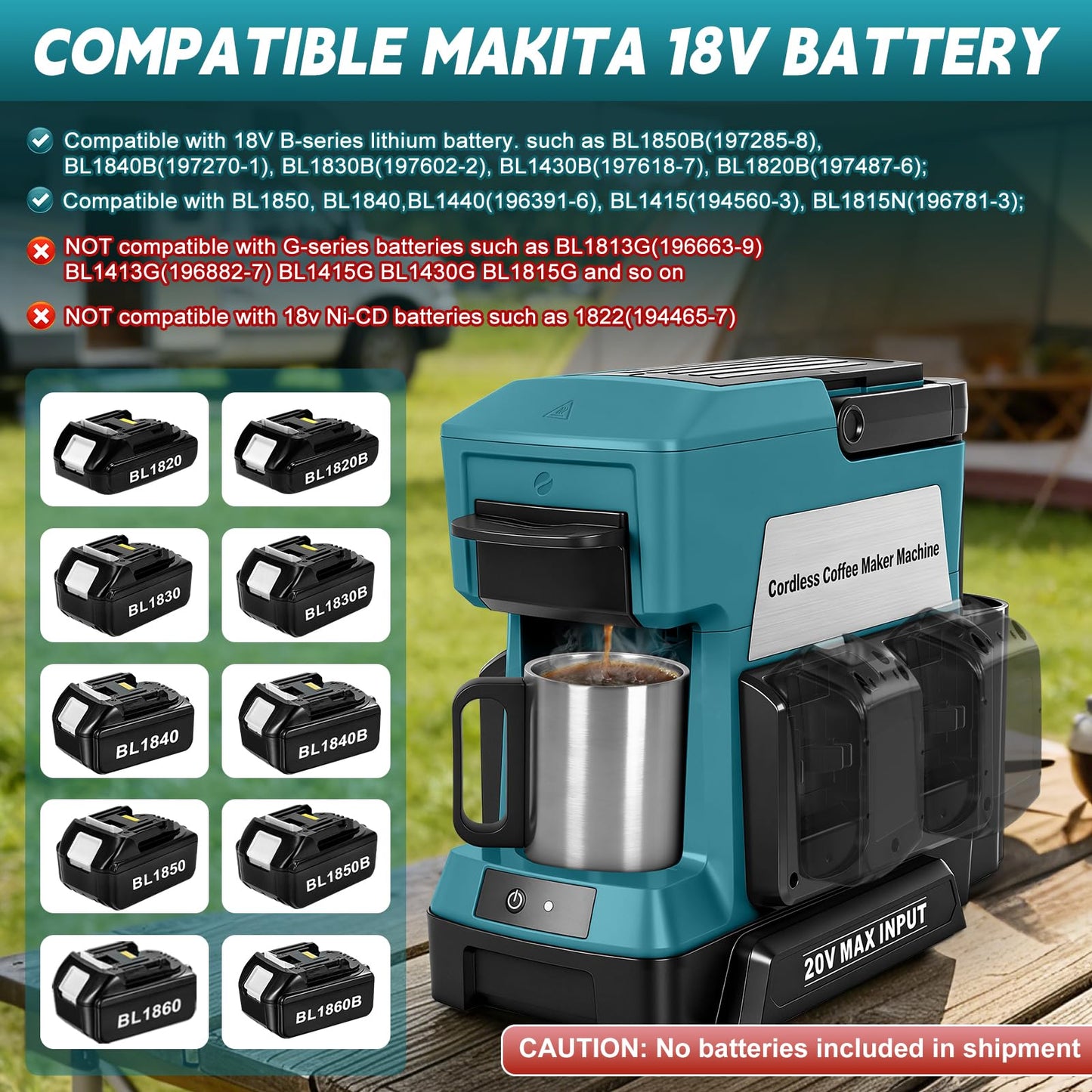 LEZZYRUCK Cordless Coffee Maker for Makita 18V Battery (No Battery), Portable Drip Coffee Machine with Electric Coffee Grinder and Coffee Cup, for RV, Camping, Travel