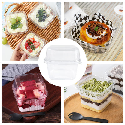 100 Pack Disposable Clear Plastic Cups Ice-cream Cups with Lids and Sporks, 8 oz Square PET Sundae Dessert Cups for Iced Coffee Cold Drinks Frozen Yogut Fruits Jello Snacks Bubble Boba Juice Milkshake