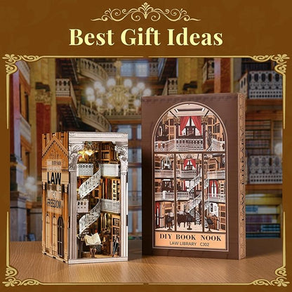 Book Nook Kit DIY Dollhouse Booknook Book Nook Miniature Kit for Bookshelf Insert Decor Crafts for Adults Teen Halloween 3D Wooden Puzzle with Led Light (Law Library)