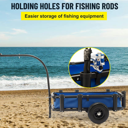 ONECHOI Beach Fishing Cart, w/10 Big Wheels Black PU Solid Balloon Tires for Sand, Fishing Wagon Cart Large Capacity with 32-1/4" L x 16" W Liner and PP Plate, Heavy Duty Surf Cart w/Bicycle Hitch