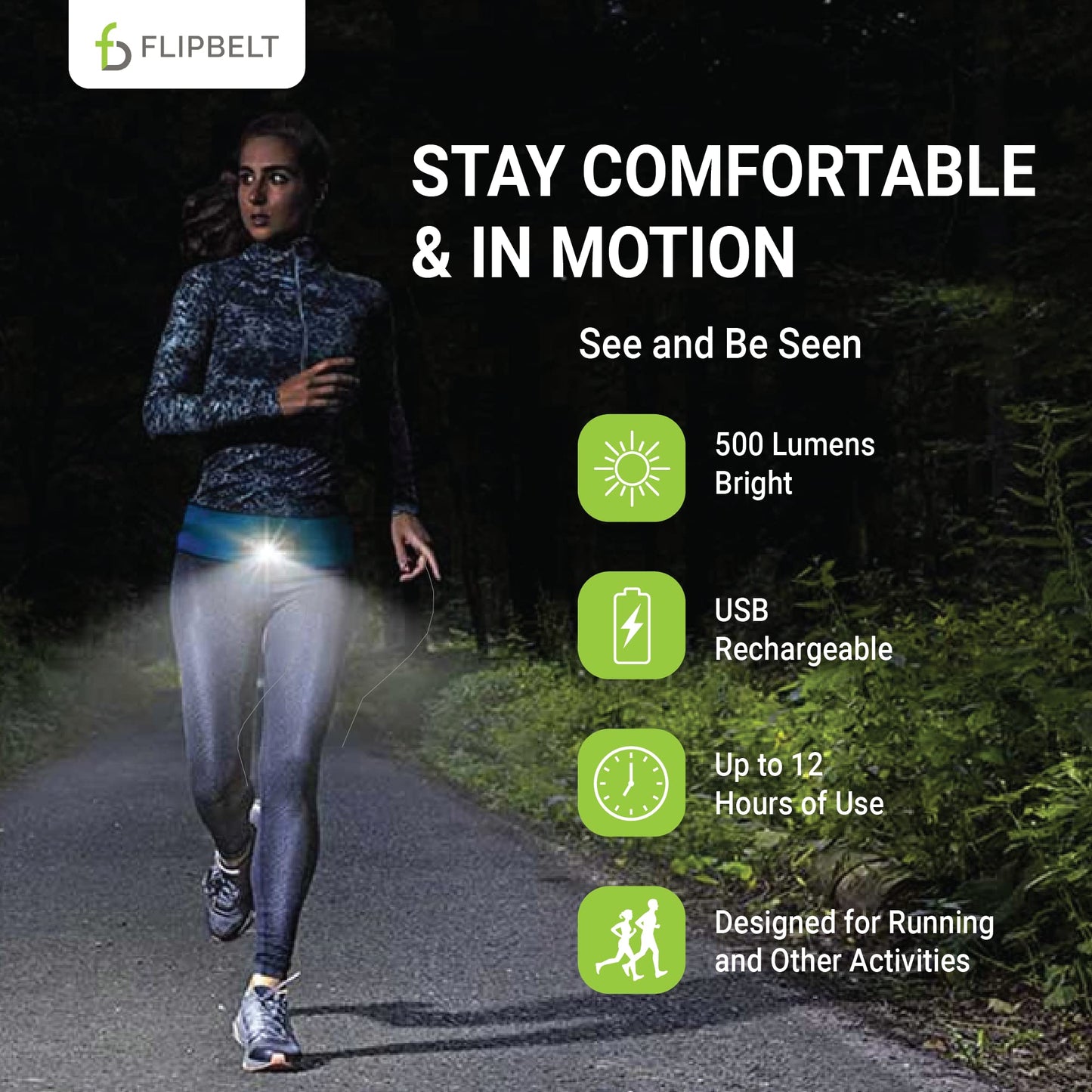 FlipBelt Night Running Light Waist Lamp | USA Company | USB Rechargeable, 500 Lumens, Waterproof, Adjustable Brightness | White LED Lights for Runners