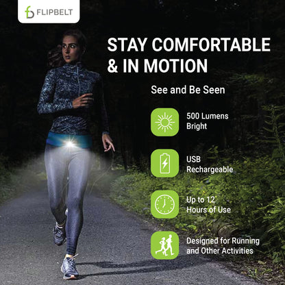 FlipBelt Night Running Light Waist Lamp | USA Company | USB Rechargeable, 500 Lumens, Waterproof, Adjustable Brightness | White LED Lights for Runners