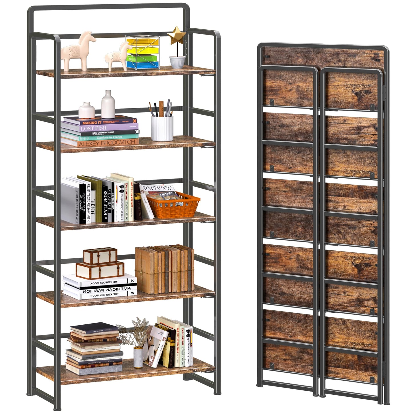 4NM No Assembly 5 Tiers Folding Bookshelf Storage Shelves Vintage Bookcase Standing Racks Study Organizer Home Office (Rustic Brown Black)