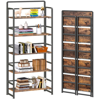 4NM No Assembly 5 Tiers Folding Bookshelf Storage Shelves Vintage Bookcase Standing Racks Study Organizer Home Office (Rustic Brown Black)