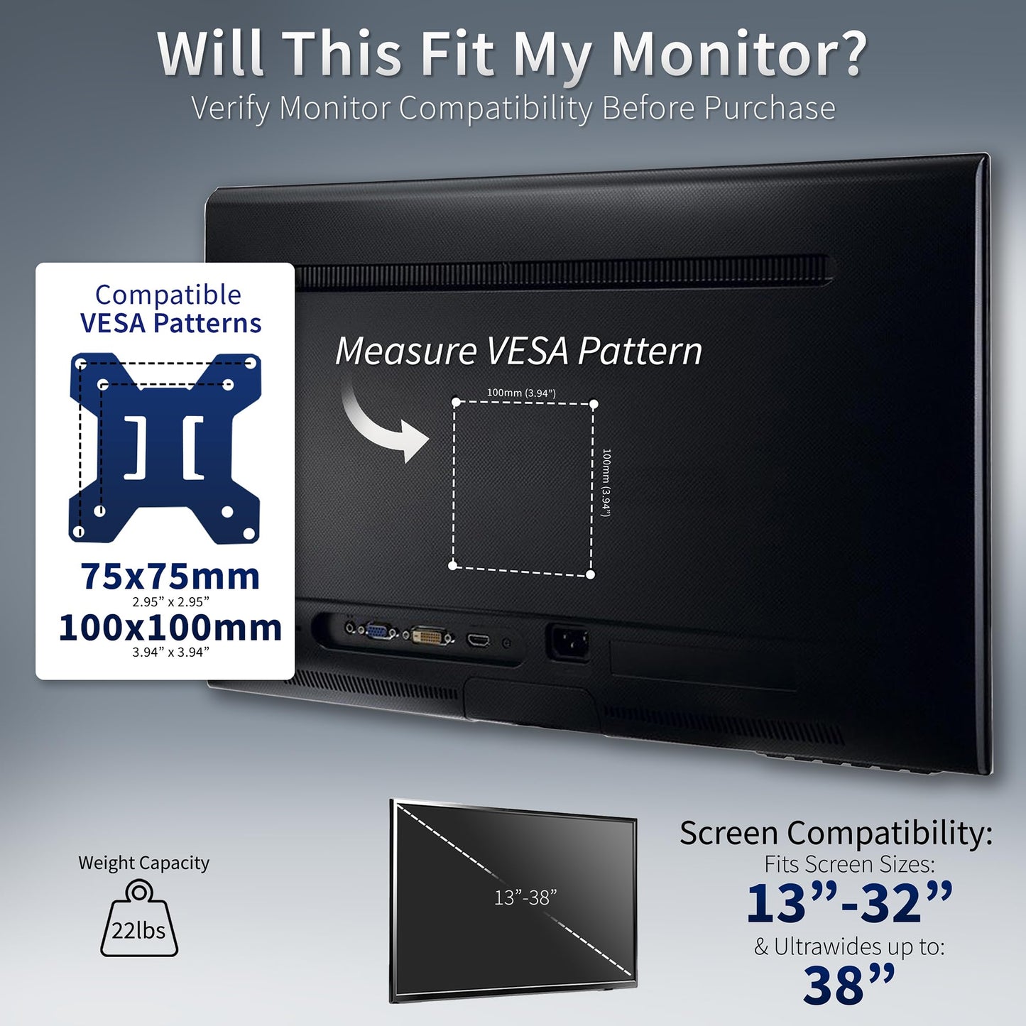 VIVO Single 13 to 38 inch Ultrawide Monitor Arm Desk Mount, Regular Screens up to 32 inches, 22 lbs capacity, Fully Adjustable Stand with C-Clamp and Grommet Base, Black, STAND-V001