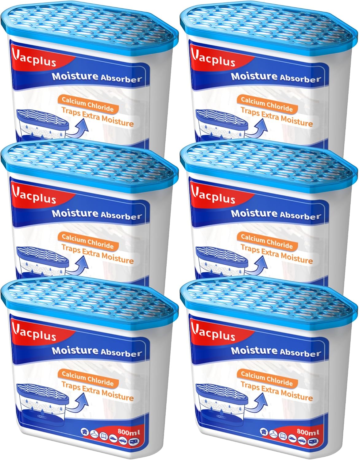 Vacplus Moisture Absorbers - 6 Pack Portable Humidity Control for Bathroom, Closet & Car | 16 Oz Fragrance-Free Dehumidifier