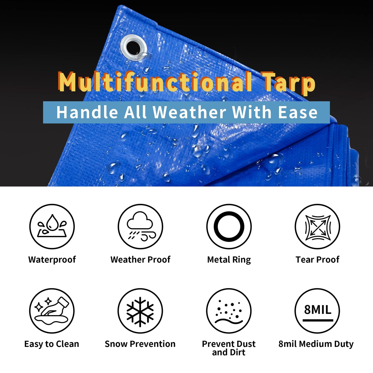 TARPAL 40x40 feet Blue tarp, 8mil Medium Duty tarps Waterproof, Tear Resistant with Metal Grommets, Suitable for Outdoor Tent Emergency rain Cover,Floor tarp,and Other uses.