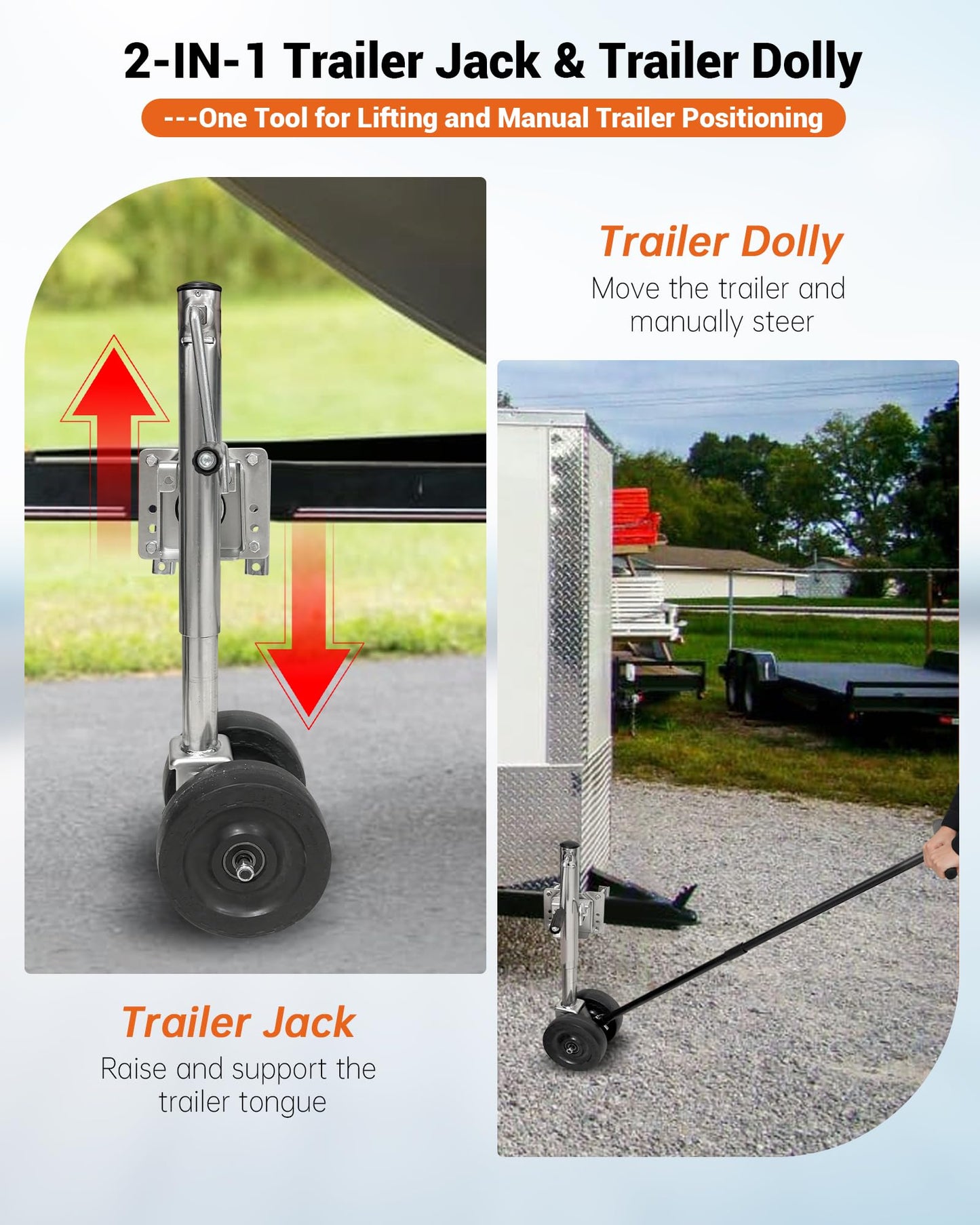 Boat Trailer Jack with Dual-Function Dolly, Two Wheel Swivel Folding Trailer Jack, Dual 8-Inch Wheels, Detachable Handle, 1,000 lbs Tongue Weight, for Garage, Driveway, Boat & Utility Trailers
