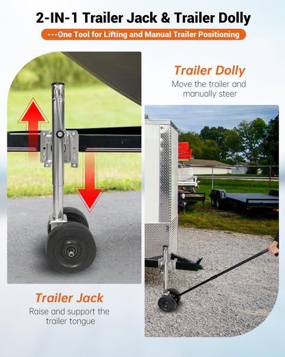 Boat Trailer Jack with Dual-Function Dolly, Two Wheel Swivel Folding Trailer Jack, Dual 8-Inch Wheels, Detachable Handle, 1,000 lbs Tongue Weight, for Garage, Driveway, Boat & Utility Trailers