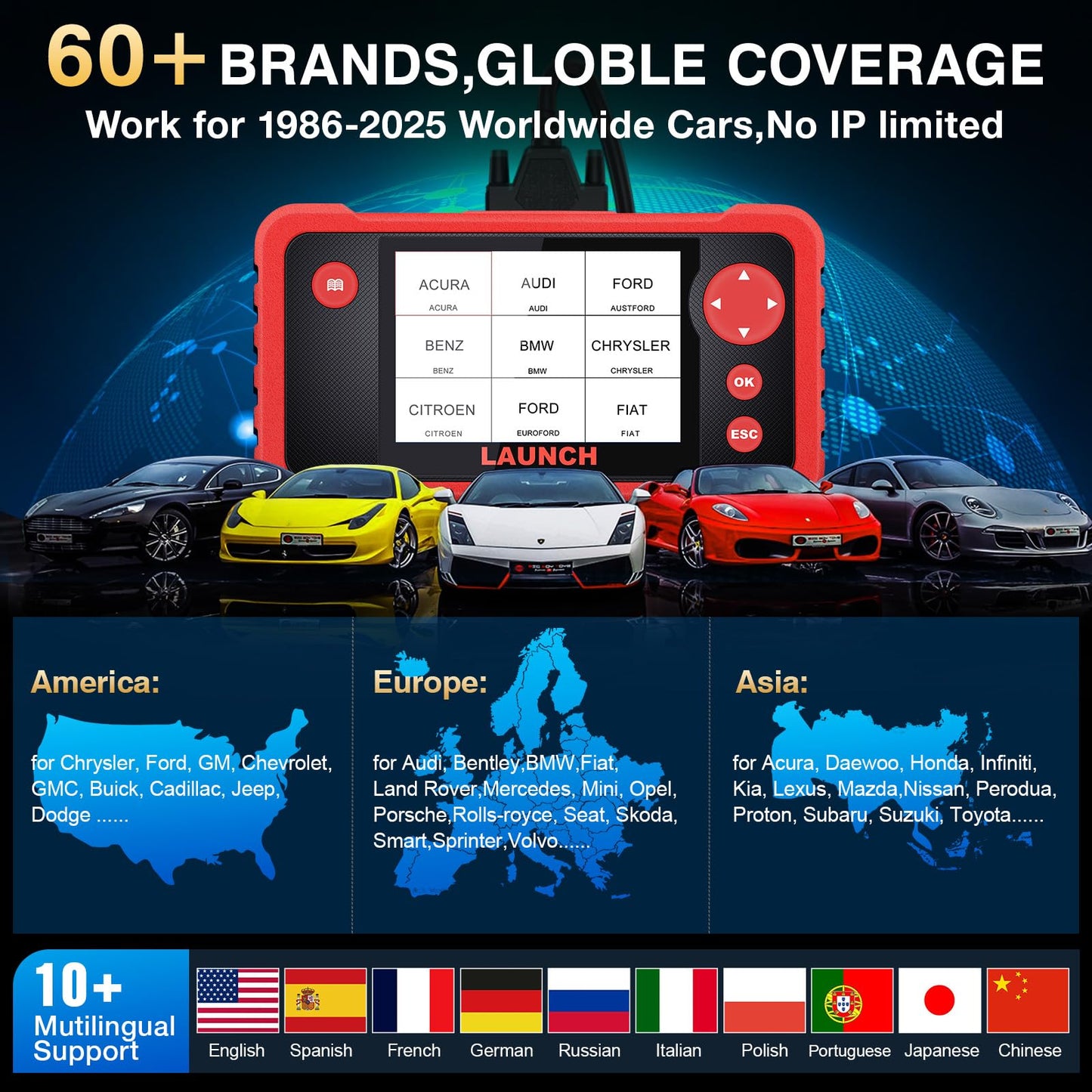 LAUNCH CRP123 V2.0 OBD2 Scanner-2026 New Model Engine/ABS/SRS/Transmission Diagnostic Scan Tool SRS Airbag Code Reader,3 Reset Oil Service/Throttle Relearn/SAS Reset,Lifetime Free Update
