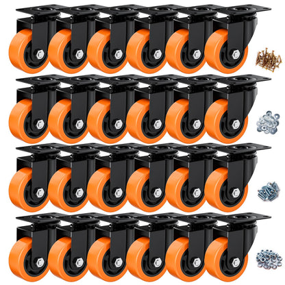 ASHGOOB 3 Inch Caster Wheels, Casters Set of 24 Heavy Duty, Orange Polyurethane (PU) Casters, Industrial Swivel Top Plate Castor Wheels for Workbench/Furniture/Cart (Pack of 24)