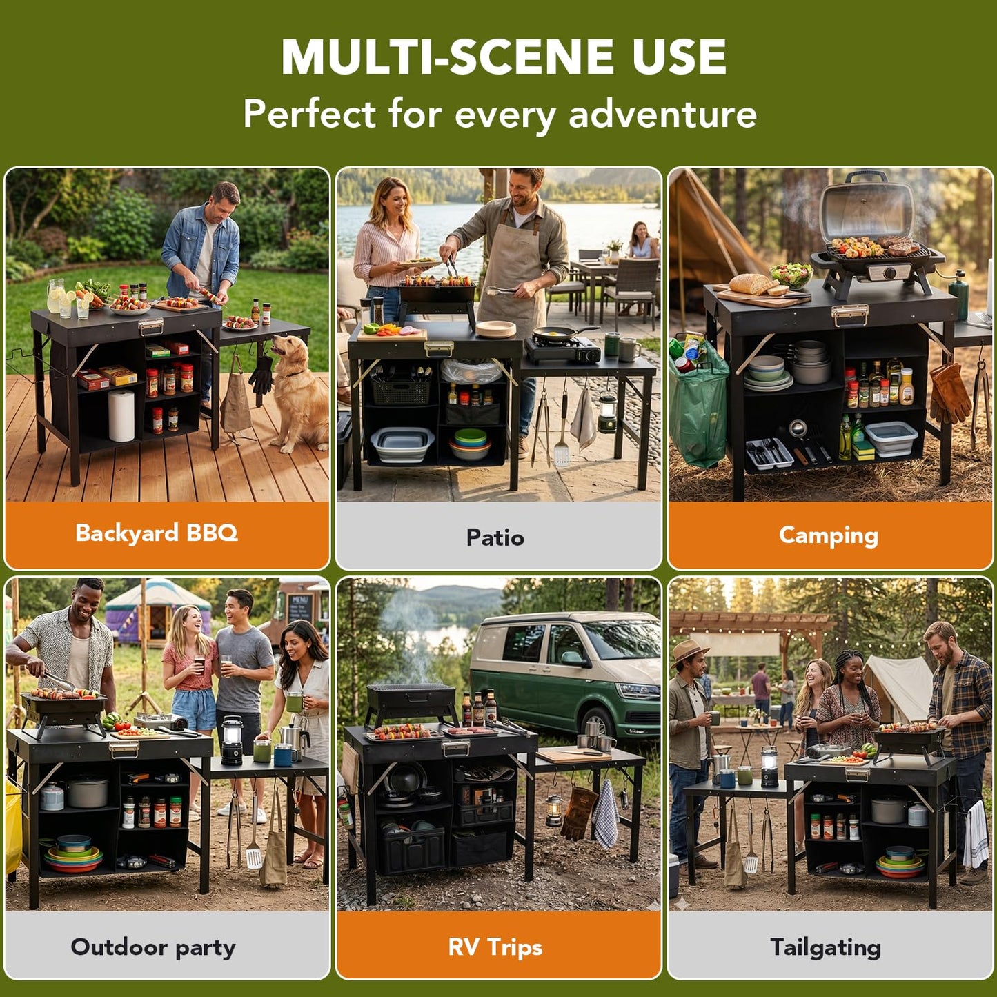 Grill Table Compatible with Blackstone Griddles, Portable Foldable Griddle Stand with Storage Shelf, Heavy Duty Camping Kitchen Table for Outdoor Cooking, BBQ, Camping and Patio, Black