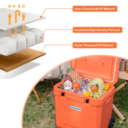 Naturehike 38 QT Wheeled Cooler, 6-Side PU Insulation Ice Chest 153-Hour Ice Retention, Rolling Hard Cooler Holds 45 Cans, 220 lb Seat, All-Terrain Wheels for Camping & Beach